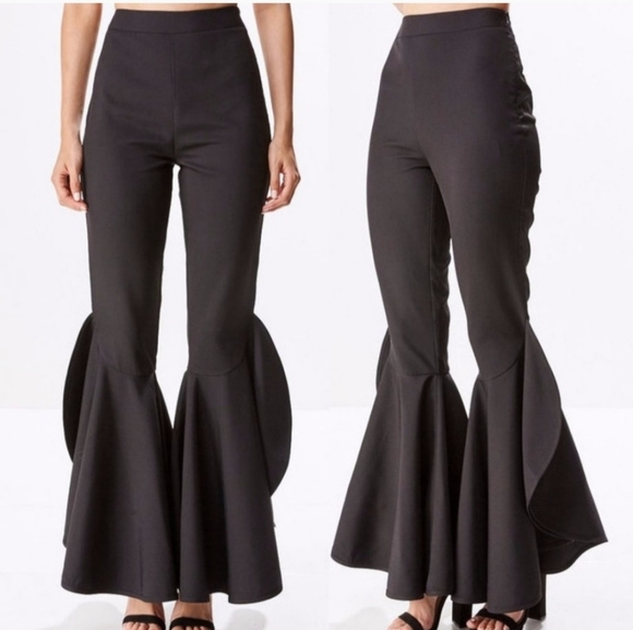 Pants - Black Ruffle Bell Bottom Dress Pants High Waist